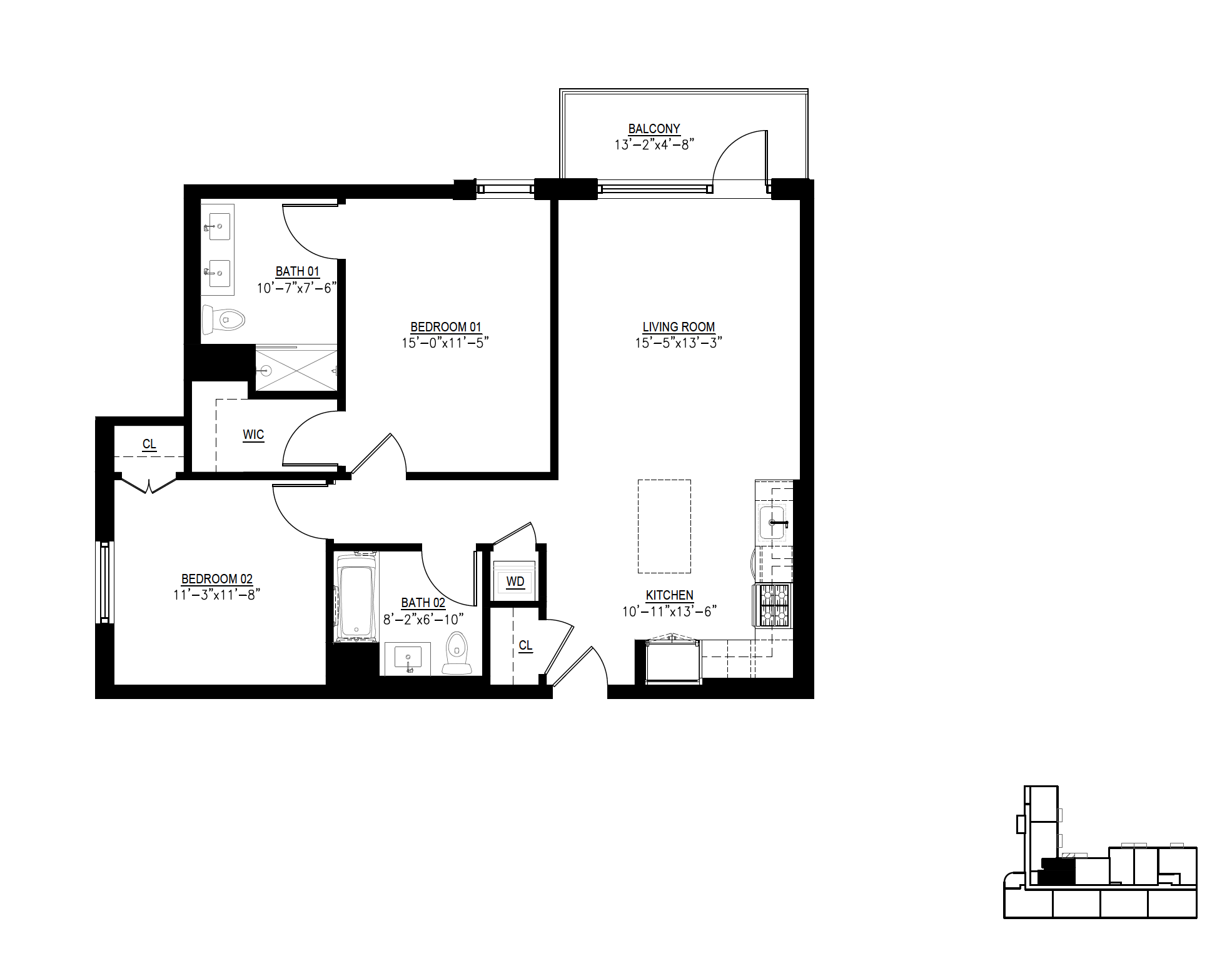 Floor plan for 2 beds, 2 baths, 1015 sqft
